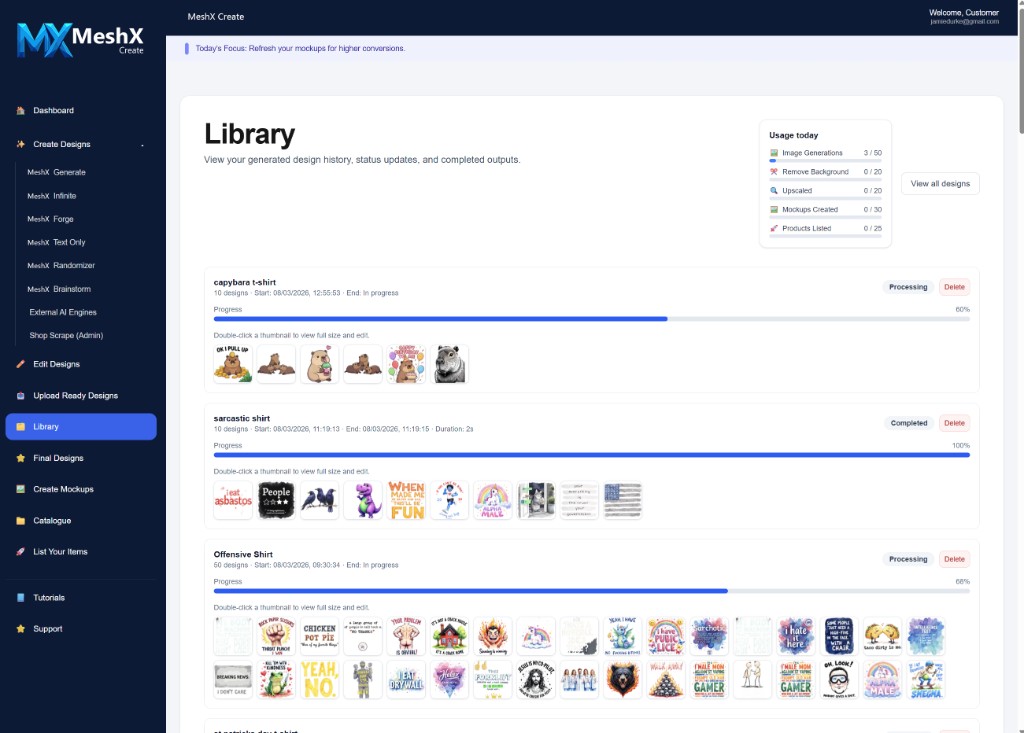 MeshX Create Library page showing design batches in progress and completed with thumbnails